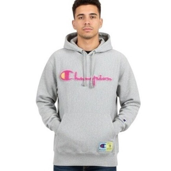 Champion Other - Champion Hoodie Mens L Gray Reverse Weave Chenille Logo Pullover Fleece Casual